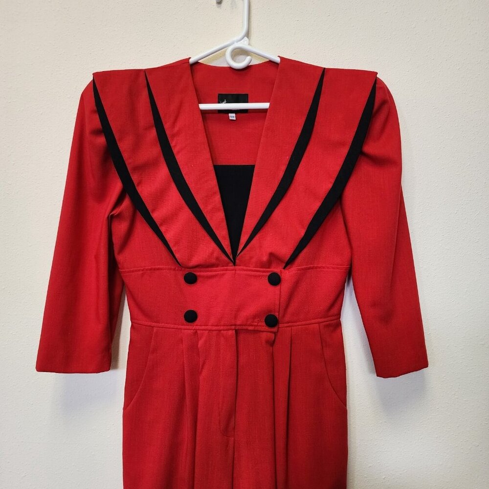 Vintage 1980s Pantsuit First Focus Red 13/14 Sailor Structured Maximalist Retro - Picture 2 of 16